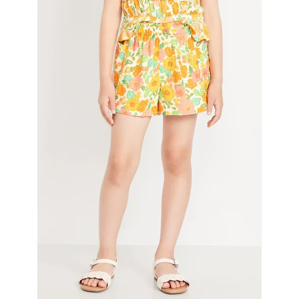 Printed Double-Weave Pull-On Utility Shorts for Girls - Yellow Floral