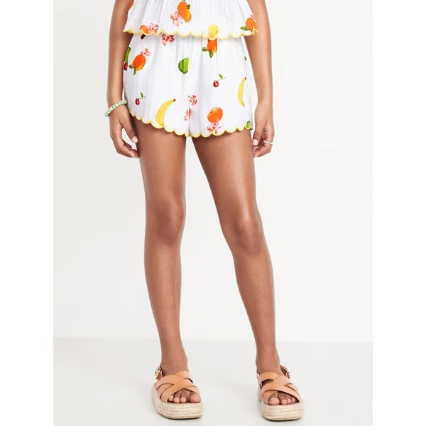 Printed Double-Weave Scallop-Trim Shorts for Girls - Fruit Smoothie Pink
