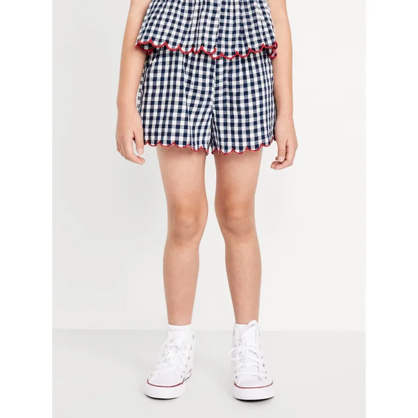 Printed Double-Weave Scallop-Trim Shorts for Girls - Gingham