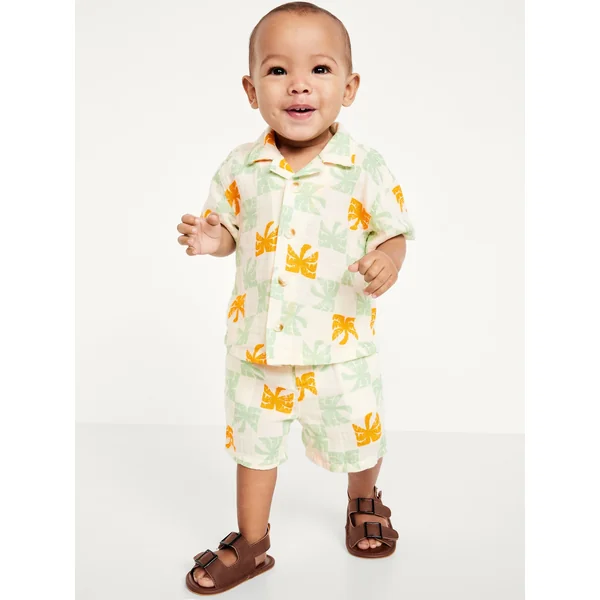 Printed Double-Weave Shirt and Shorts Set for Baby - Palm Tree