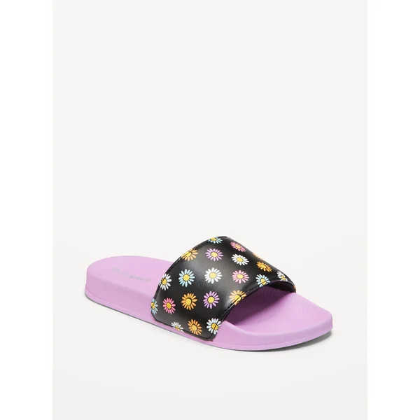 Printed Faux-Leather Pool Slide Sandals for Girls - Black Multi Flower