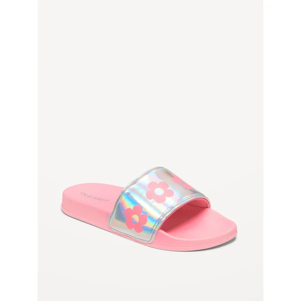 Printed Faux-Leather Pool Slide Sandals for Girls - Pink Metallic