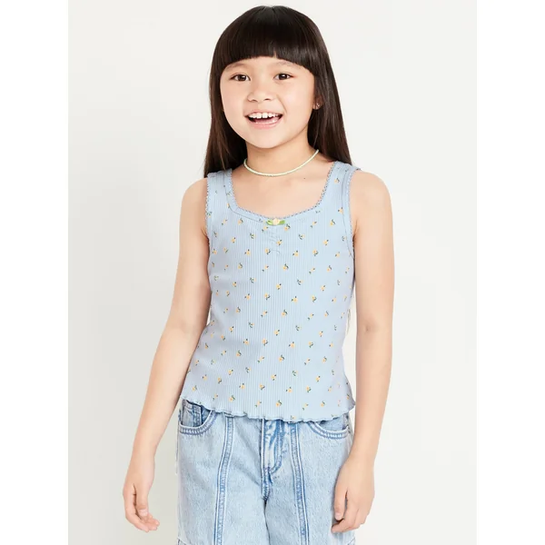 Printed Fitted Ribbed Tank Top for Girls - Blue Ditsy Floral