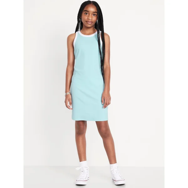 Printed Fitted Sleeveless Dress for Girls - Ceramic Blue
