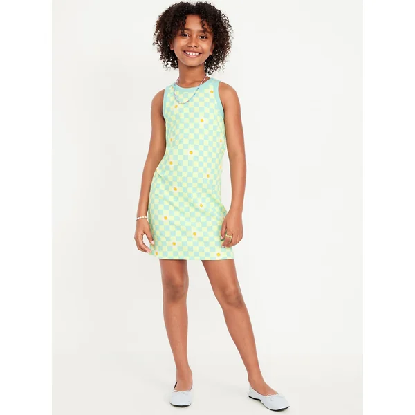 Printed Fitted Sleeveless Dress for Girls - Small Green Check