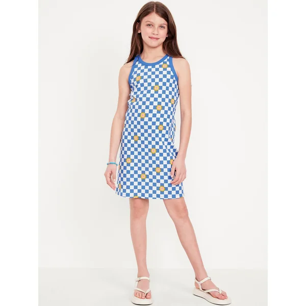 Printed Fitted Sleeveless Dress for Girls - Vista Blue Check