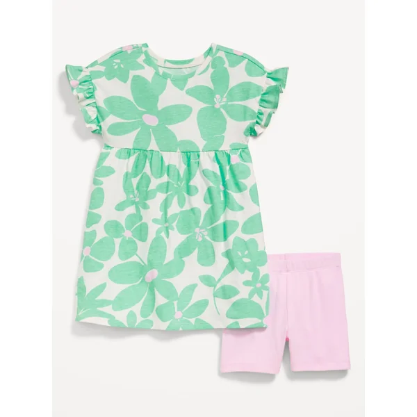 Printed Flutter-Sleeve Dress and Biker Shorts Set for Toddler Girls - Bold Floral