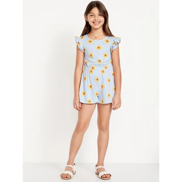 Printed Flutter-Sleeve Romper for Girls - Blue Daisy