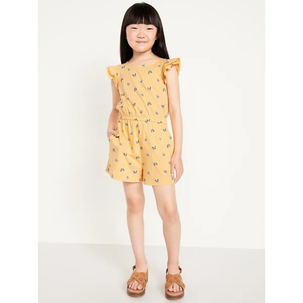 Printed Flutter-Sleeve Romper for Girls - Butterflies