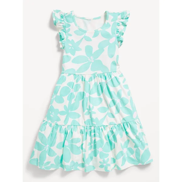 Printed Flutter-Sleeve Tiered Swing Dress for Girls - Aqua