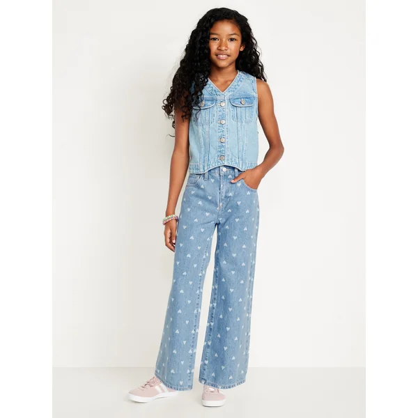Printed High-Waisted Baggy Wide-Leg Jeans for Girls - Tiny Hearts