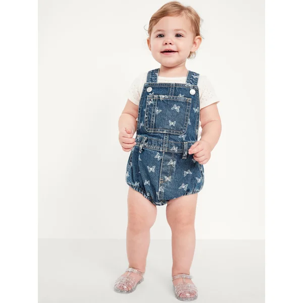 Printed Jean Shortalls for Baby - Butterfly