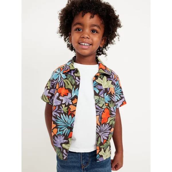 Printed Linen-Blend Pocket Shirt for Toddler Boys - Khaki Dinosaur Print
