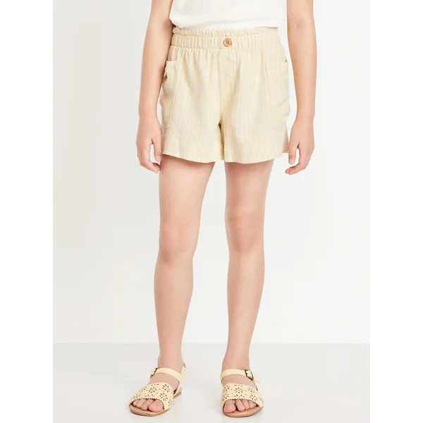 Printed Linen-Blend Utility Shorts for Girls - Yellow Stripe