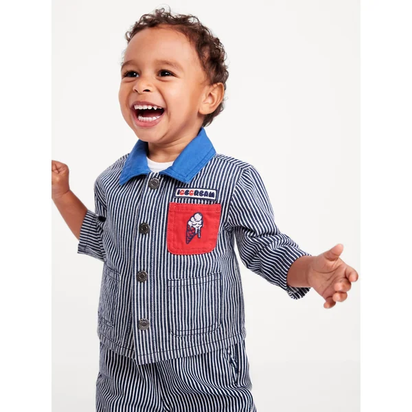 Printed Loose Collared Twill Jacket for Baby - Railroad Stripe