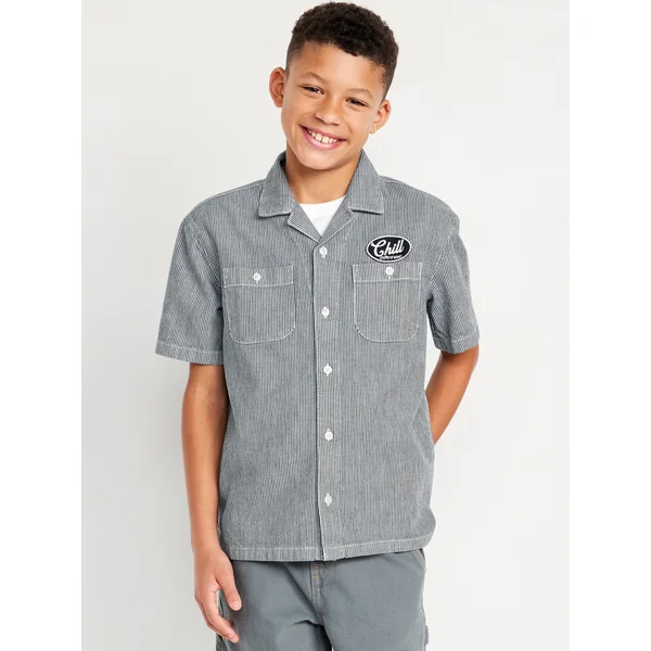 Printed Loose Short-Sleeve Graphic Shirt for Boys - BLUE RAILROAD STRIPE
