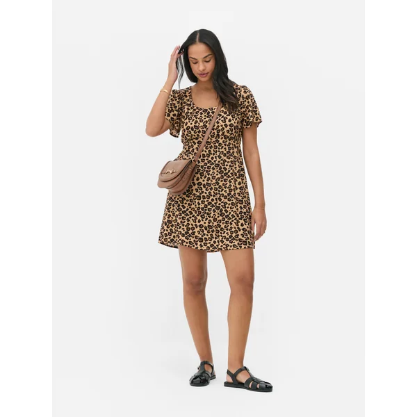 Printed Mini Dress - Brown