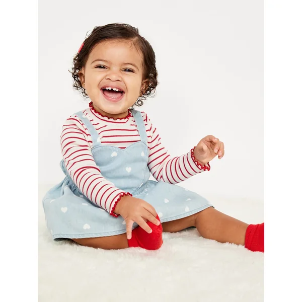 Printed Mock-Neck T-Shirt and Jean Dress Set for Baby - All-over Hearts