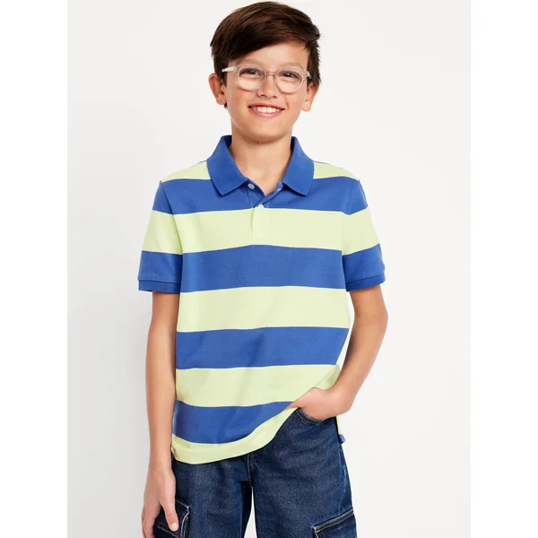 Printed Pique Polo Shirt for Boys - Green Blue Stripe