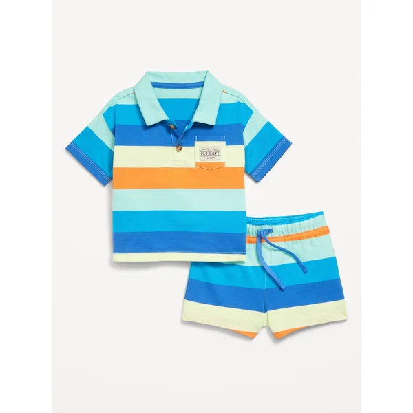 Printed Polo Shirt and Shorts Set for Baby - Orange Multi Stripe