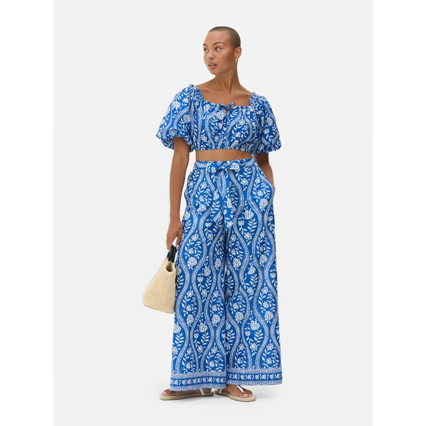 Printed Puff Sleeve Crop Top - Blue