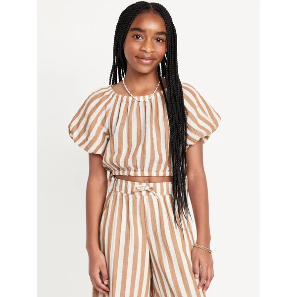 Printed Puff-Sleeve Double-Weave Top for Girls - Earth Brown Stripe