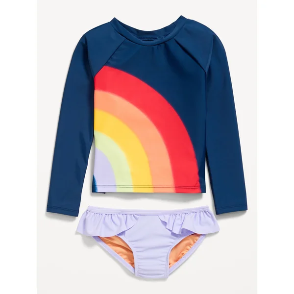 Printed Rashguard Top and Ruffled Bikini Swim Set for Toddler & Baby - Rainbow