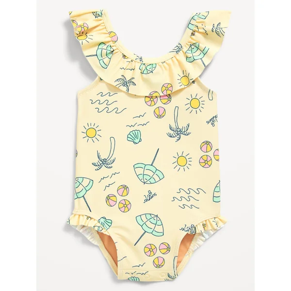 Printed Ruffle-Trim One-Piece Swimsuit for Baby - Beach Scene