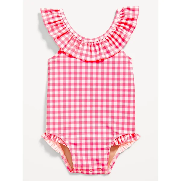 Printed Ruffle-Trim One-Piece Swimsuit for Baby - Pink Gingham