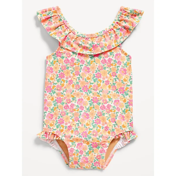 Printed Ruffle-Trim One-Piece Swimsuit for Baby - Purple Ditsy Floral