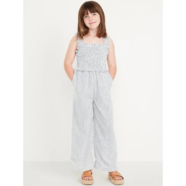 Printed Ruffle-Trim Smocked Jumpsuit for Girls - White & Blue Stripe