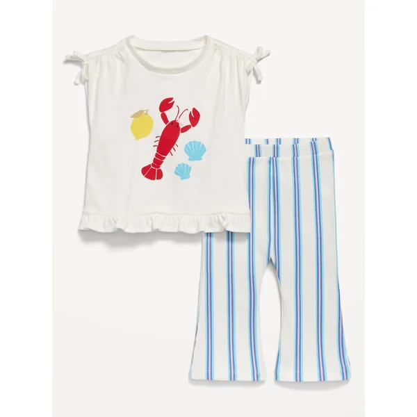 Printed Ruffle-Trim Top and Ribbed Flare Leggings Set for Baby - Lobster