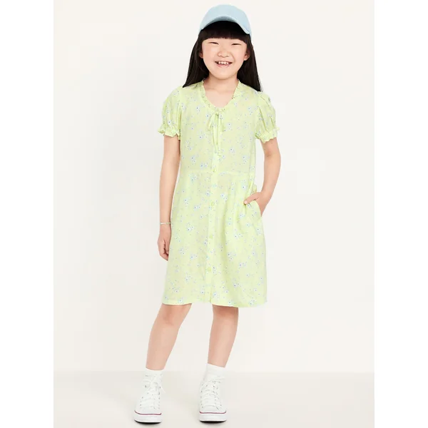 Printed Short-Sleeve Button-Front Fit and Flare Dress for Girls - Green Floral