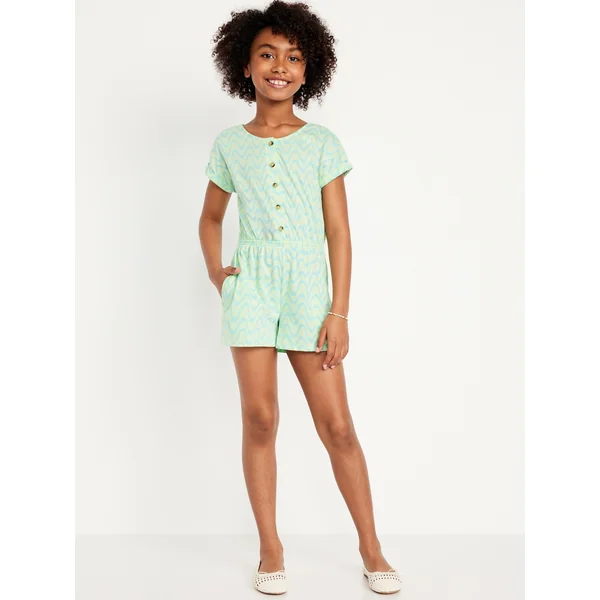 Printed Short-Sleeve Button-Front Romper for Girls - Green Wave