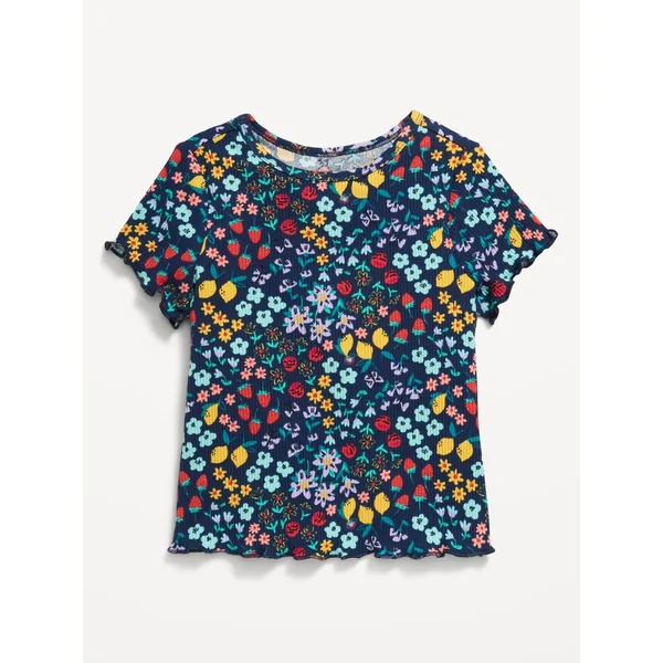 Printed Short-Sleeve Lettuce-Edge T-Shirt for Toddler Girls - Blue Ditsy Floral