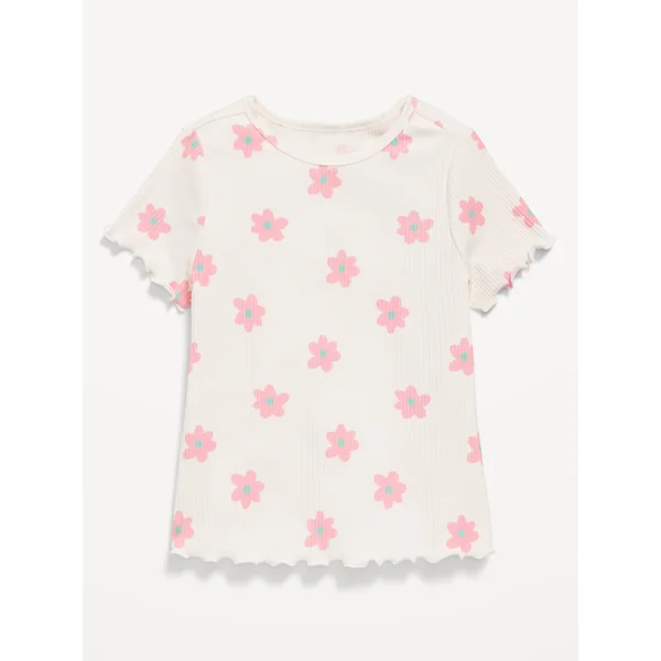 Printed Short-Sleeve Lettuce-Edge T-Shirt for Toddler Girls - Pink Daisy