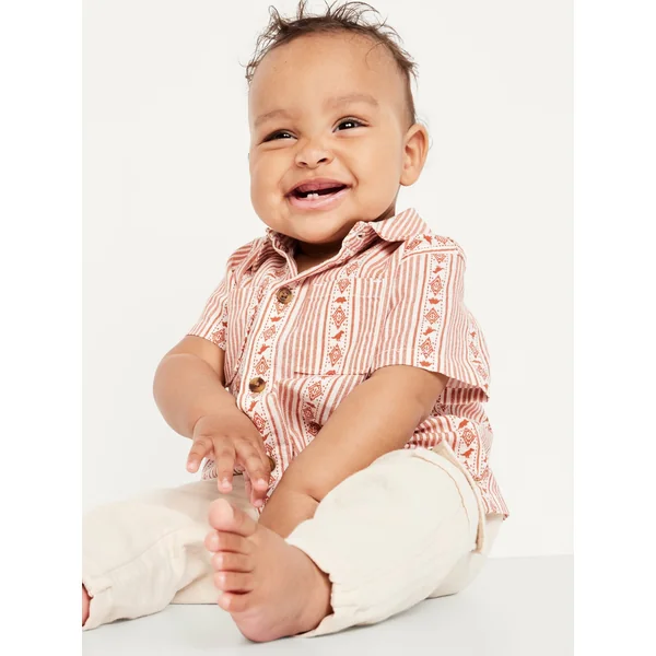 Printed Short-Sleeve Linen-Blend Pocket Shirt for Baby - Rust