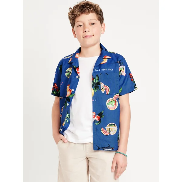 Printed Short-Sleeve Linen-Blend Pocket Shirt for Boys - Mixed Fruit
