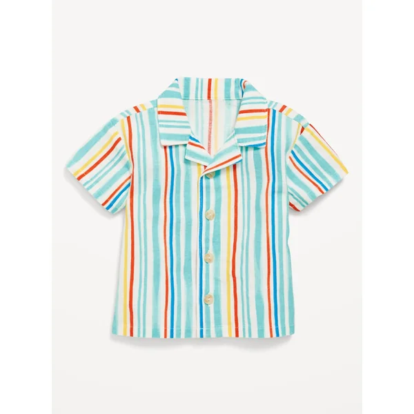 Printed Short-Sleeve Linen-Blend Shirt for Baby - Blue Multi Stripe