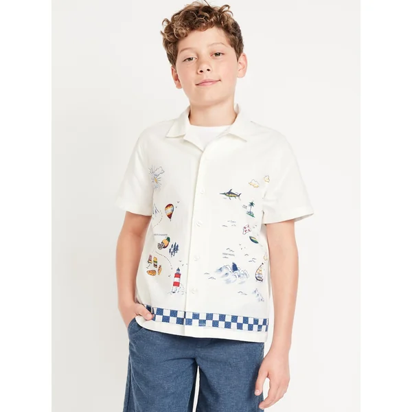Printed Short-Sleeve Linen-Blend Shirt for Boys - Map