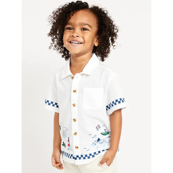 Printed Short-Sleeve Linen-Blend Shirt for Toddler Boys - Map