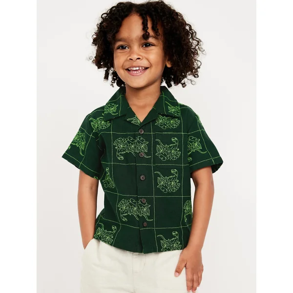 Printed Short-Sleeve Linen-Blend Shirt for Toddler Boys - Plant Life