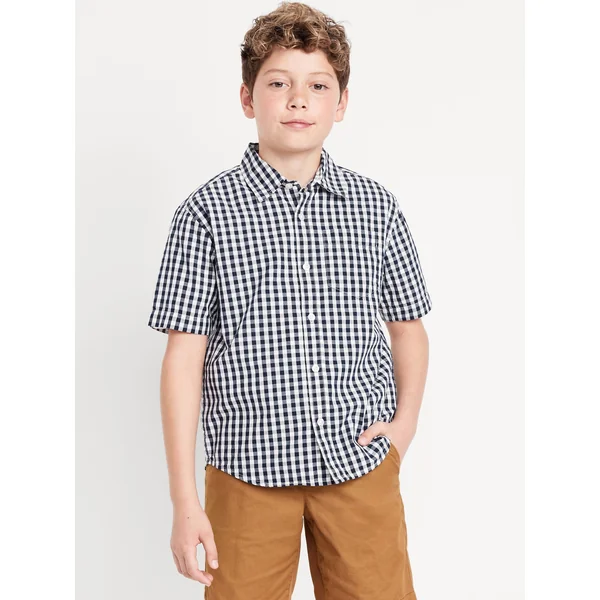 Printed Short-Sleeve Poplin Shirt for Boys - Blue Gingham
