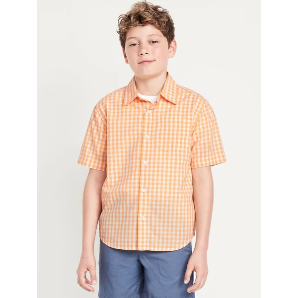 Printed Short-Sleeve Poplin Shirt for Boys - Orange Gingham