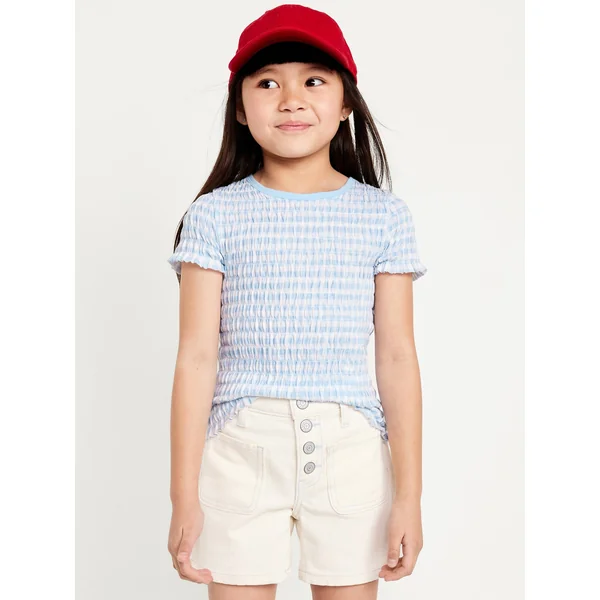 Printed Short-Sleeve Smocked Top for Girls - Blue Gingham