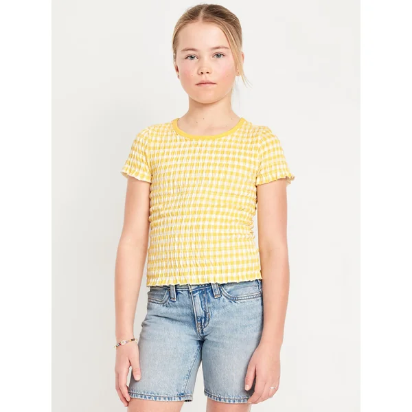 Printed Short-Sleeve Smocked Top for Girls - Yellow Gingham