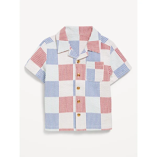 Printed Short-Sleeve Textured Pocket Shirt for Toddler Boys - RED/WHITE CHECK