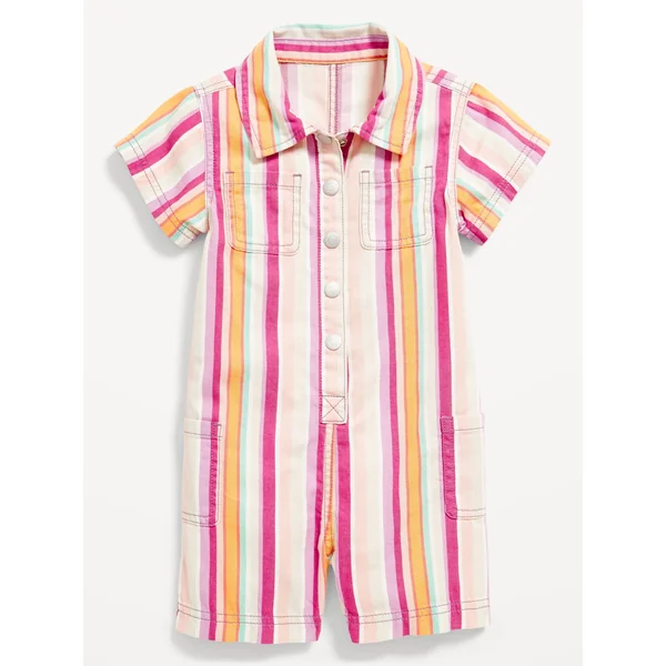 Printed Short-Sleeve Utility Twill Romper for Toddler Girls - Multi Stripe
