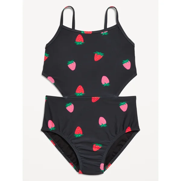 Printed Side-Cutout One-Piece Swimsuit for Girls - Strawberry