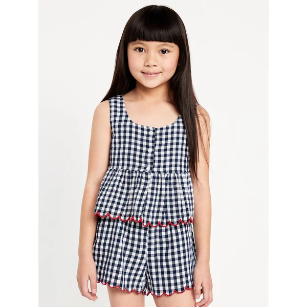 Printed Sleeveless Button-Front Double-Weave Top for Girls - Blue Gingham